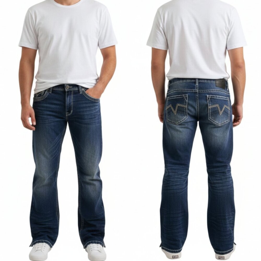 True Luck Rocco Jeans Dark Wash Bootcut Distressed Mens Size 34x32 Y2K Americana